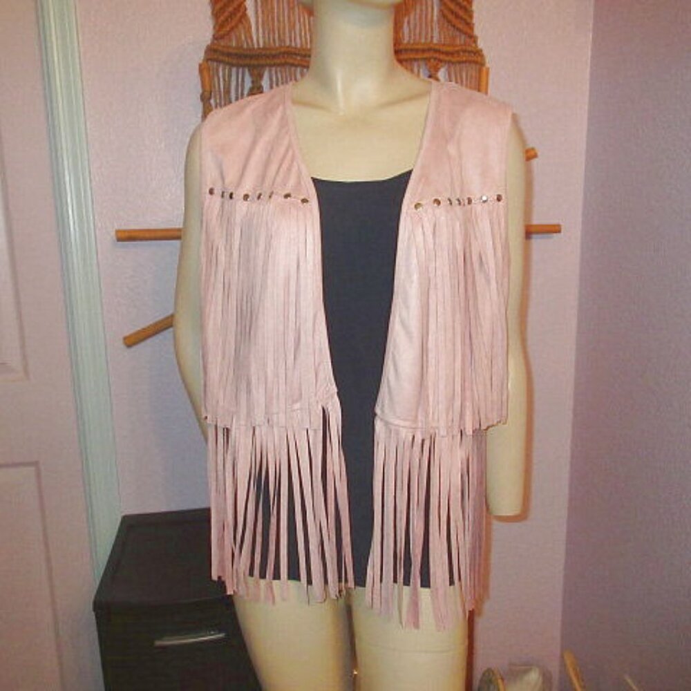 Western Fringe Vest Size L Faux Suede Studs Hippie Boho Cowgirl Festival Layers
